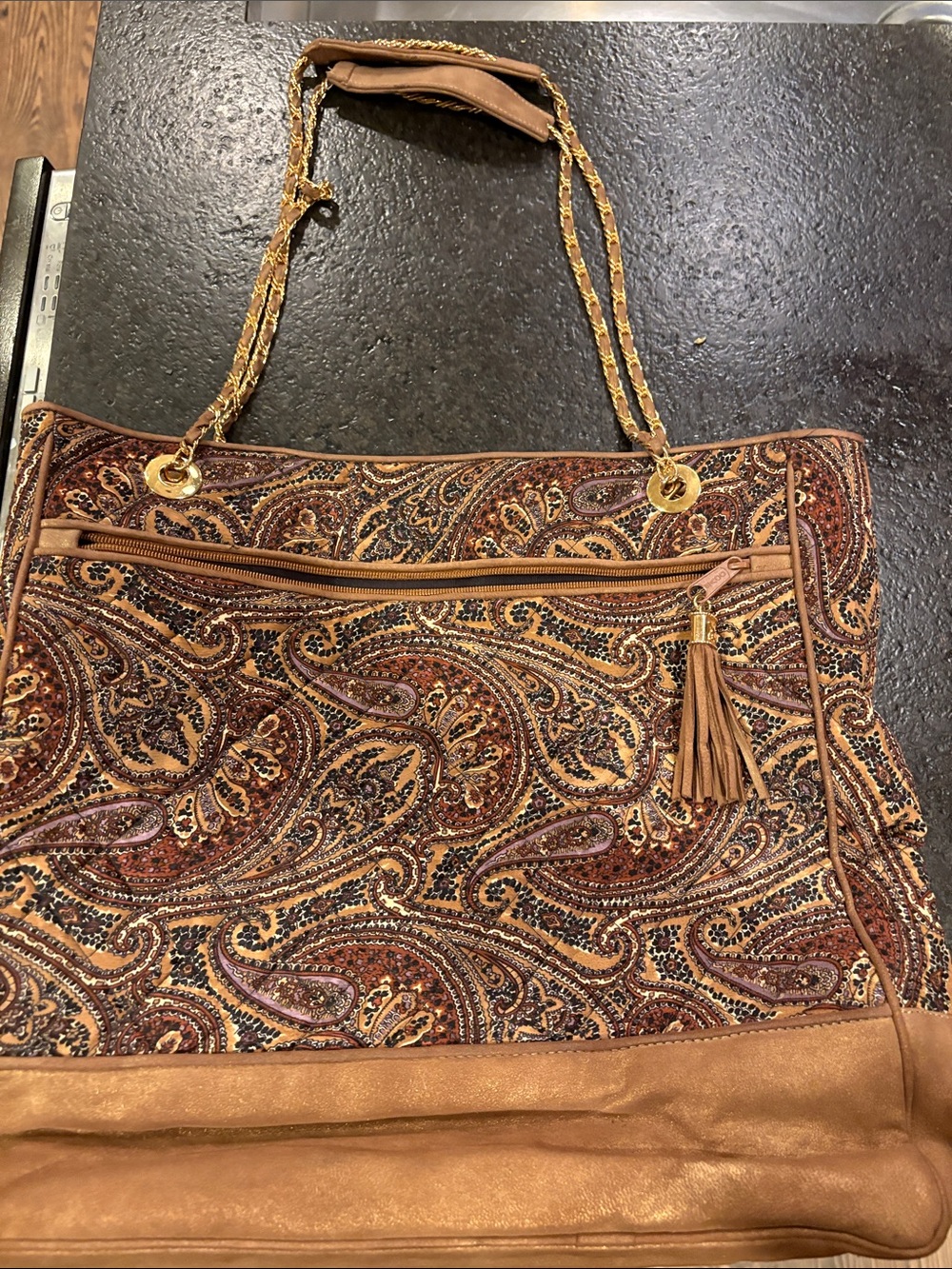 Paisley Tassel Tote Bag in Brown and Tan - Picture 2 of 11